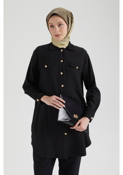 Cep Detaylı Düğmeli Tunik-Siyah 25YT4145