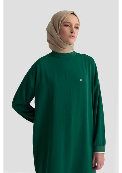 Kolları Ribanalı Arkadan Uzatmalı Basic Tunik-Zümrüt 25YT449