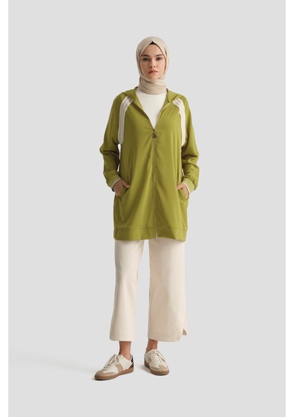Boydan Fermuarlı Kapüşonlu Tunik-Olive 25YT409