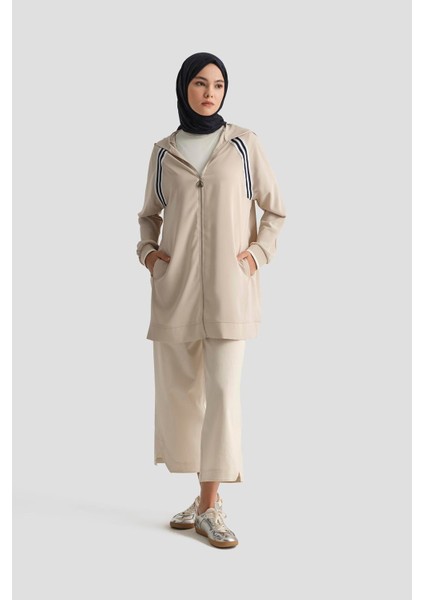 Boydan Fermuarlı Kapüşonlu Tunik-Taş 25YT409