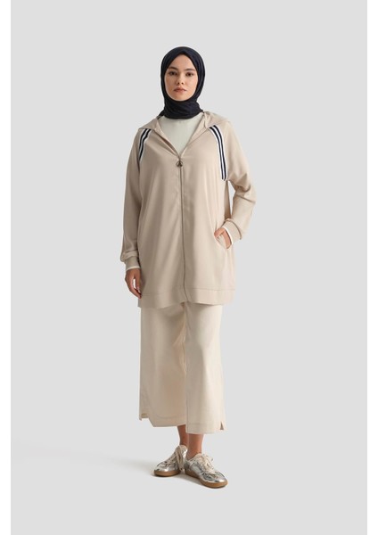 Boydan Fermuarlı Kapüşonlu Tunik-Taş 25YT409 fırsatları