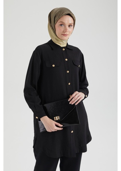 Cep Detaylı Düğmeli Tunik-Siyah 25YT4145