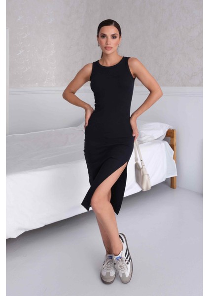 Kadın Halter Yaka Lacivert Midi Boy Fitilli Kalem Elbise fiyatları