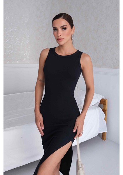 Kadın Halter Yaka Lacivert Midi Boy Fitilli Kalem Elbise fırsatları