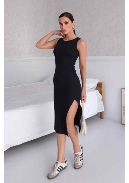 Kadın Halter Yaka Lacivert Midi Boy Fitilli Kalem Elbise indirimleri