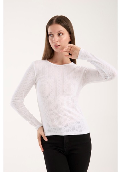 Kadın Ajurlu Triko Bluz – Geniş Yaka, Uzun Kollu, Rahat ve Dayanıklı 3014