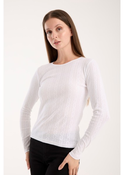 Kadın Ajurlu Triko Bluz – Geniş Yaka, Uzun Kollu, Rahat ve Dayanıklı 3014