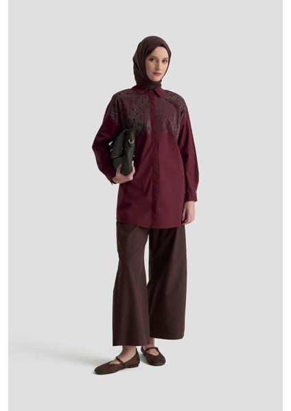 Taş Işlemeli Gizli Düğmeli Tunik-Vişne 25KT419