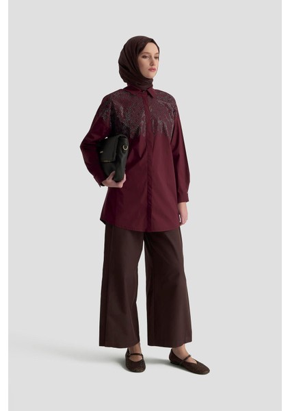 Taş Işlemeli Gizli Düğmeli Tunik-Vişne 25KT419 fiyatları