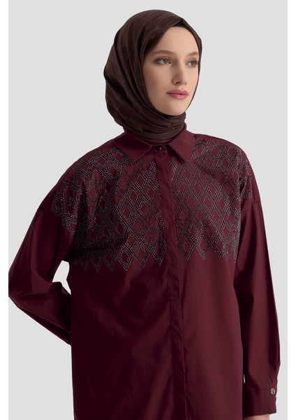 Taş Işlemeli Gizli Düğmeli Tunik-Vişne 25KT419 fırsatları