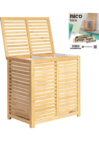 Laundry Basket 2 Bölmeli Ahşap Bambu Kirli Çamaşır Sepet Kumaş Çantalı SEPET=50X38X55CM (4741)