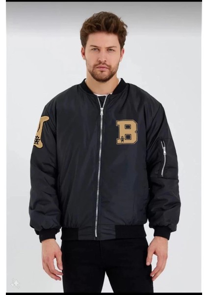 Unisex Uzun Kol Baskılı Bomber Ceket - Siyah
