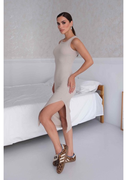 Kadın Halter Yaka Taş Midi Boy Fitilli Kalem Elbise