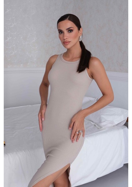 Kadın Halter Yaka Taş Midi Boy Fitilli Kalem Elbise modelleri