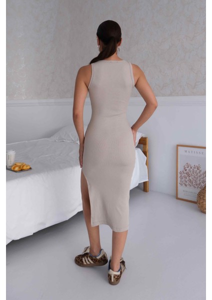 Kadın Halter Yaka Taş Midi Boy Fitilli Kalem Elbise indirimleri