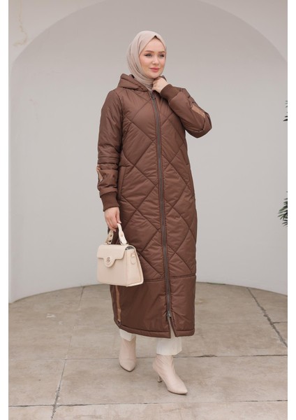 Boydan Fermuarlı Şişme Kapitone Desenli Mont Kahverengi 24KT710 fiyatları