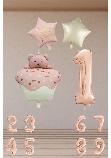 1 Yaş Retro Folyo Pembe Kek Pembe Krem Yıldız Folyo Balon Rose Gold Rakam Doğum Günü Süsleme