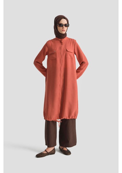 Yakaları Cepli Gizli Fermuarlı Tunik-Tarçın 25YT4138