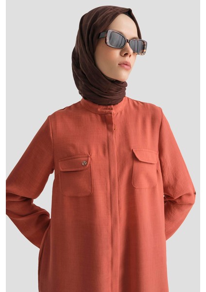 Yakaları Cepli Gizli Fermuarlı Tunik-Tarçın 25YT4138 fiyatları