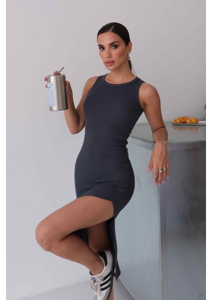 Kadın Halter Yaka Füme Midi Boy Fitilli Kalem Elbise fiyatları