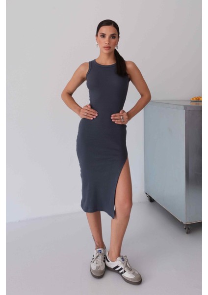 Kadın Halter Yaka Füme Midi Boy Fitilli Kalem Elbise modelleri