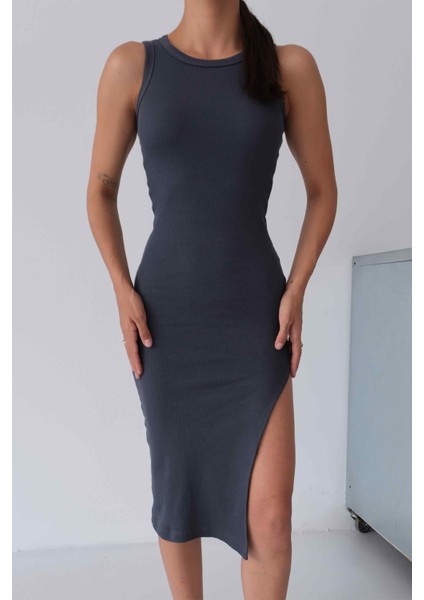 Kadın Halter Yaka Füme Midi Boy Fitilli Kalem Elbise fırsatları