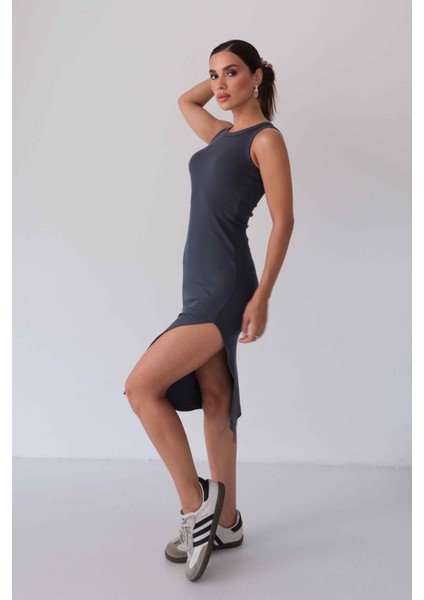 Kadın Halter Yaka Füme Midi Boy Fitilli Kalem Elbise indirimleri