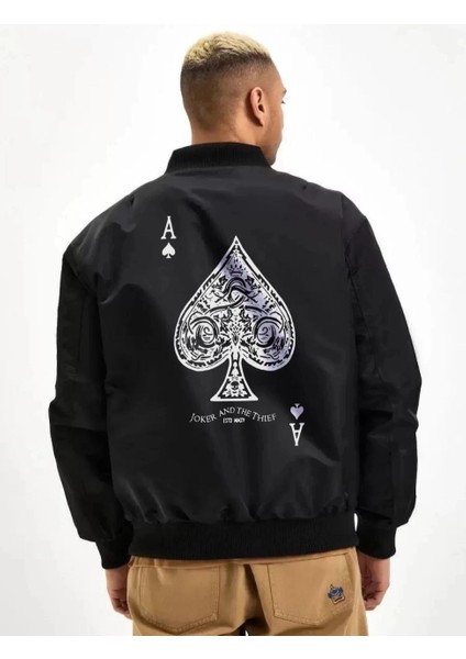 Unisex Uzun Kol Baskılı Bomber Ceket - Siyah
