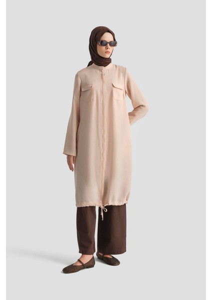 Yakaları Cepli Gizli Fermuarlı Tunik-Gül 25YT4138