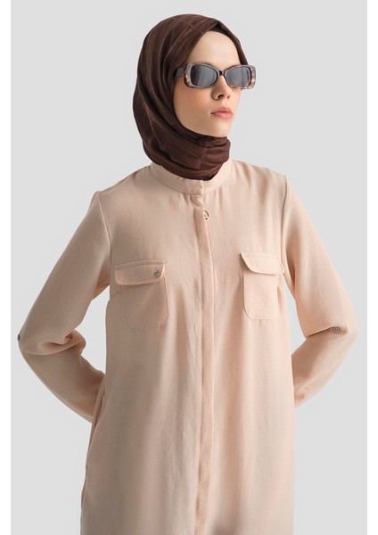 Yakaları Cepli Gizli Fermuarlı Tunik-Gül 25YT4138 modelleri