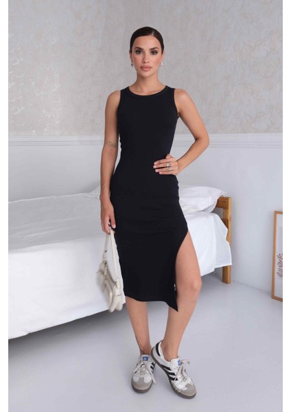 Kadın Halter Yaka Lacivert Midi Boy Fitilli Kalem Elbise