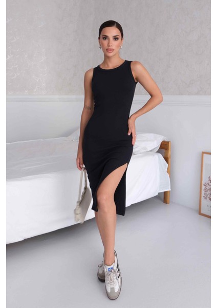 Kadın Halter Yaka Lacivert Midi Boy Fitilli Kalem Elbise modelleri