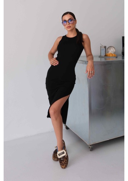 Kadın Halter Yaka Siyah Midi Boy Fitilli Kalem Elbise