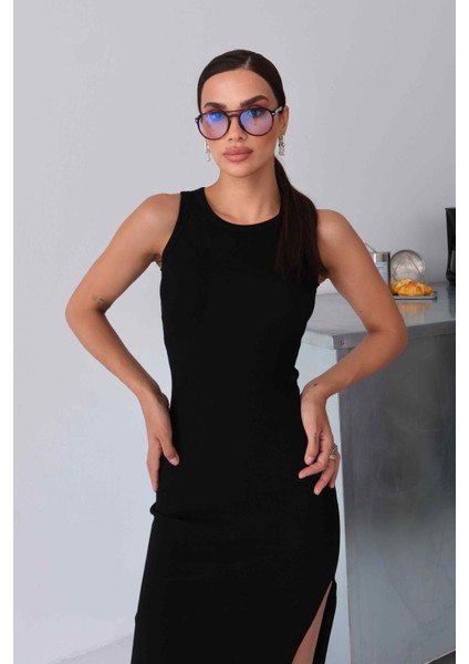 Kadın Halter Yaka Siyah Midi Boy Fitilli Kalem Elbise modelleri