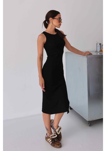 Kadın Halter Yaka Siyah Midi Boy Fitilli Kalem Elbise indirimleri