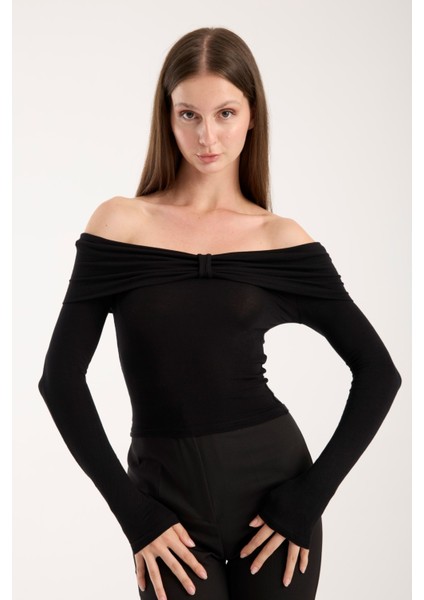 Kadın Geniş Yaka Omzu Açık Viskon Bluz – Esnek, Uzun Kollu, Slim Fit 3013