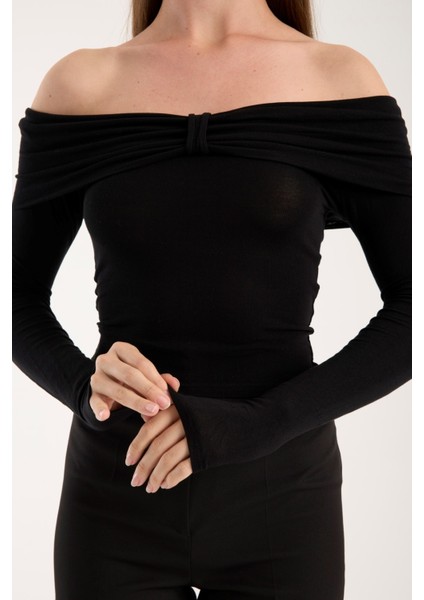 Kadın Geniş Yaka Omzu Açık Viskon Bluz – Esnek, Uzun Kollu, Slim Fit 3013 fırsatları