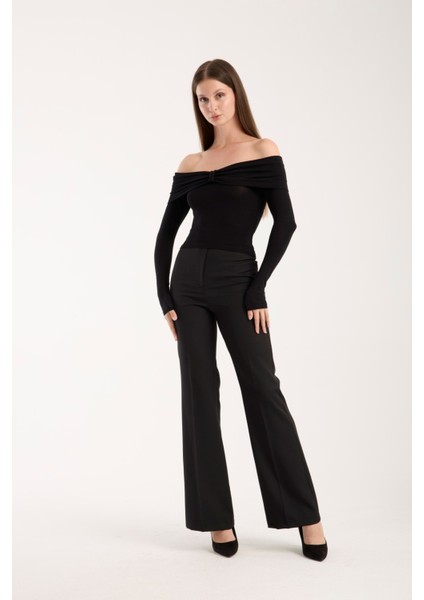 Kadın Geniş Yaka Omzu Açık Viskon Bluz – Esnek, Uzun Kollu, Slim Fit 3013