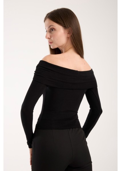 Kadın Geniş Yaka Omzu Açık Viskon Bluz – Esnek, Uzun Kollu, Slim Fit 3013