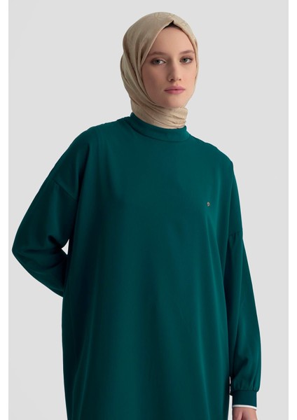 Kolları Ribanalı Arkadan Uzatmalı Basic Tunik-Petrol 25YT449