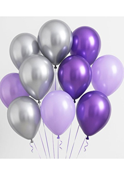 30 Adet Metalik Balon Paketi Mor, Lila ve Gümüş Renklerle Parti Atmosferi