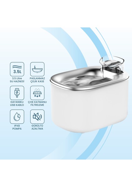 WF007L Otomatik Kedi Su Sebili, 3.5lt Geniş Hazne, Bpa Içermez, Metal Üst Tabla, Ultra Sessiz (Beyaz) fiyatları