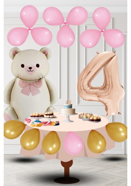 4 Yaş Retro Folyo Krem Ayıcık Pembe Gold Balon Rose Gold Rakam Doğum Günü Süsleme