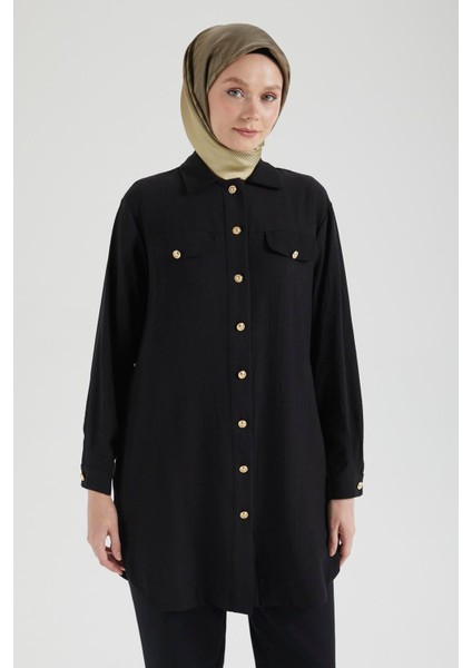 Cep Detaylı Düğmeli Tunik-Siyah 25YT4145 indirimleri