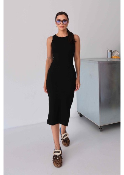 Kadın Halter Yaka Siyah Midi Boy Fitilli Kalem Elbise fırsatları