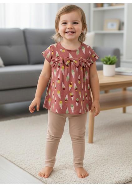 Iki Parça Fiyonklu , Dondurma Desenli Kız Çocuk Bebek Alt Üst Takım 6 Ay, 9 Ay, 12 Ay, 18 Ay