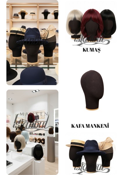 Bayan Kumaş Kaplı Polyester Kafa Mankeni Aksesuar Mankeni Şapka Mankeni Peruk Mankeni