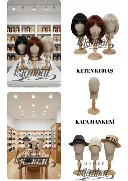 Kumaş Kaplı Ahşap Standlı Polyester Kafa Mankeni Aksesuar Mankeni Şapka Mankeni Peruk Mankeni