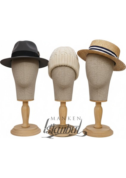 Kumaş Kaplı Ahşap Standlı Polyester Kafa Mankeni Aksesuar Mankeni Şapka Mankeni Peruk Mankeni indirimleri