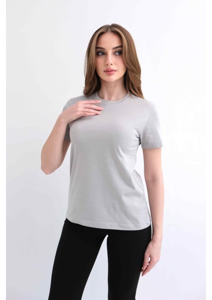Kadın Bisiklet Yaka Düz Baskısız %100 Pamuk Gri Basic Tişört fiyatları